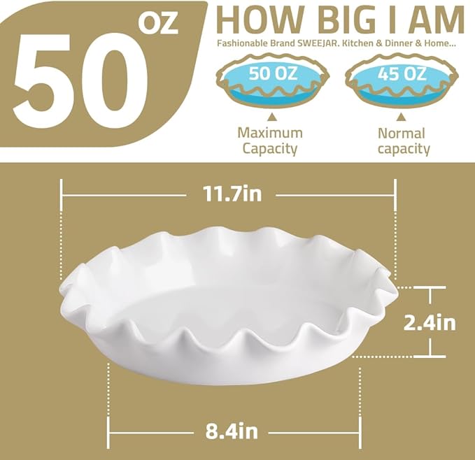 Sweejar Ceramic 11.5 Inches Pie Pan for Baking, Deep and Fluted Porcelain Round Pie Dish, Non-Stick Pie Plate for Pumpkin Pie, Apple Pie, Pie Pots with Morden Farmhouse Design(White)