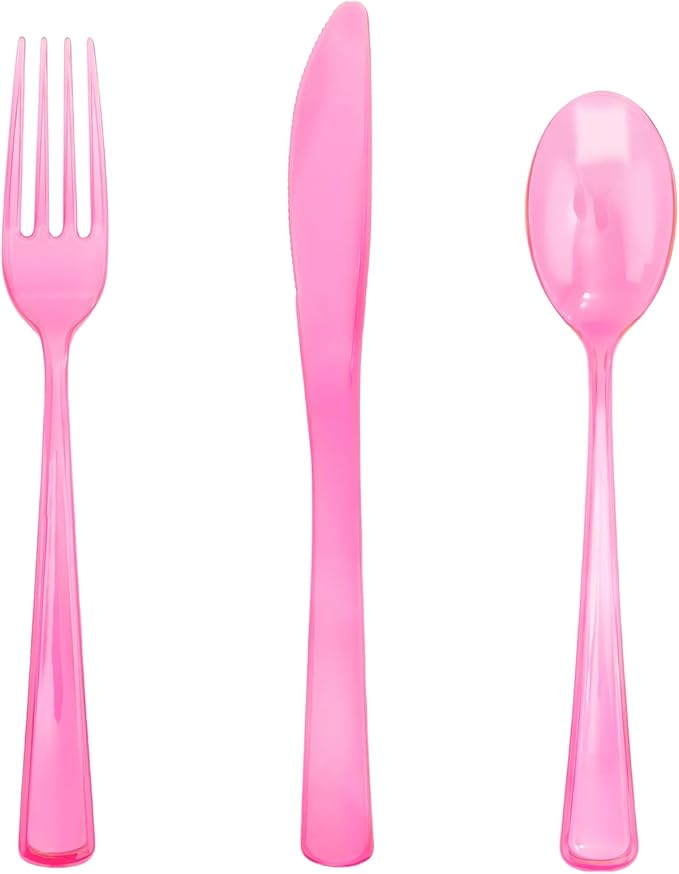 WDF 180 Pieces Pink Plastic Silverware Disposable - Clear Pink Cutlery Sets 60 Forks, 60 Knives and 60 Spoons - Heavy Duty Disposable Utensils for Wedding, Party