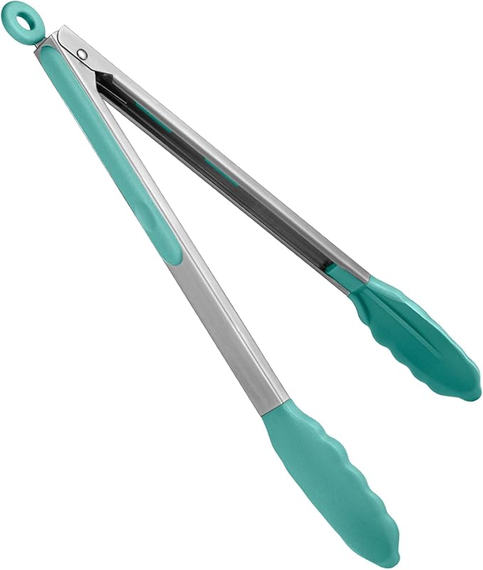 Heat Resistant Silicone Kitchen Tong: U-Taste 12 inch Large 480ºF Hot Proof Cooking Tong with Sturdy Non Stick Rubber Tips & Silicon Coated Steel Handle & Smooth Locking for Serving Salad (Aqua Sky)
