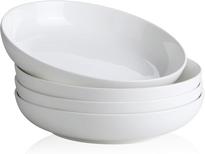 YHY Pasta Bowls Set of 4, 22 oz Ceramic Salad Plates, 7.8 Inch Wide Shallow Porcelain Dishes for Dinner, Microwave & Dishwasher Safe, White