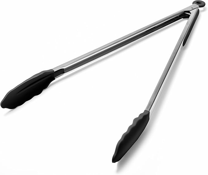 Doosu Kitchen Tongs for Cooking - 600°F Heat Resistant Food Tong with Non-Scratch Silicone Tips, Heavy Duty Stainless Steel Locking Tong for BBQ, Grilling Steak, Serving Salad, Pasta (16in, Black)