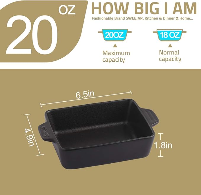 Sweejar Ceramic Baking Dish, Rectangular Small Baking Pan with Double Handles, 20 Oz for Cooking, Brownie, Kitchen, 6.5 x 4.9 x 1.8 Inches(Black)