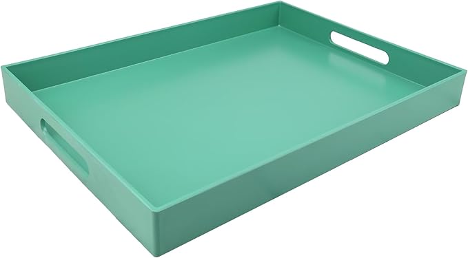 Green Serving Tray for Coffee Table, Rectangular Plastic Decorative Tray with Handles for Entertaining, Outdoor Patio, Living Room, Ottoman, Bathroom Counter, 11.8”*15.7”*1.6”