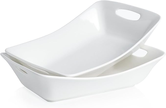 Kanwone Large Serving Bowls with Handles, White Serving Dishes For Entertaining, 1.8 Quarts Porcelain Bowl Set for Turkey, Fruit, Salad, Rectangle Serving Platter for Parites, Thanksgiving, Set of 2
