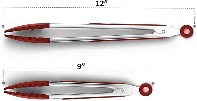 Red Stainless Steel Tongs Heat Resistant Kitchen Tongs Set - 9" & 12" Inch, BBQ Tongs with Silicone Tip, Strong Grip for Cooking, Salad Tossing, Air Fryer, & Grill Tongs- Pull Lock, Red - Set of 2