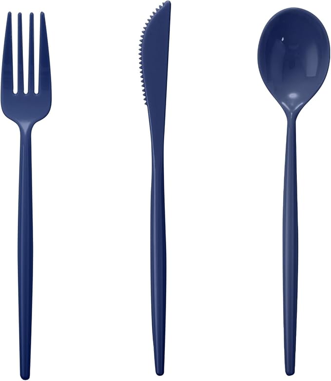 Supernal 180pcs Blue Plastic Silverware Heavy Duty Blue Party Disposable Cutlery Plastic Forks and Spoons Disposable Utensils Include 60 Forks,60 Knvies,60 Spoons for Wedding,Party or Daily Using