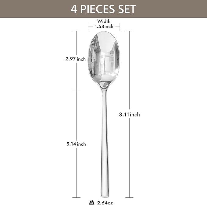 KINGSTONE Dinner Spoon Set, 4-Piece Tablespoons Silverware Spoons, Premium Food Grade Stainless Steel Spoons, Mirror Finish & Dishwasher Safe, Use for Kitchen, Home, Wedding, Party