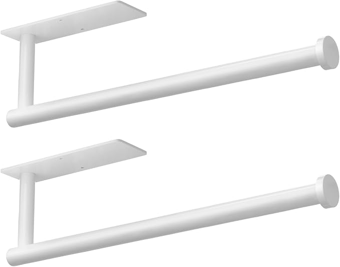 Paper Towel Holder - Self-Adhesive or Drilling, White Wall Mounted Rack - SUS304 Stainless Steel Kitchen Roll Holder Under Cabinet (2 Pack)
