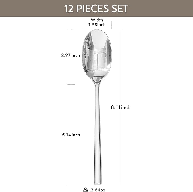 KINGSTONE Dinner Spoon Set, 12-Piece Tablespoons Silverware Spoons, Premium Food Grade Stainless Steel Spoons, Mirror Finish & Dishwasher Safe, Use for Kitchen, Home, Wedding, Party