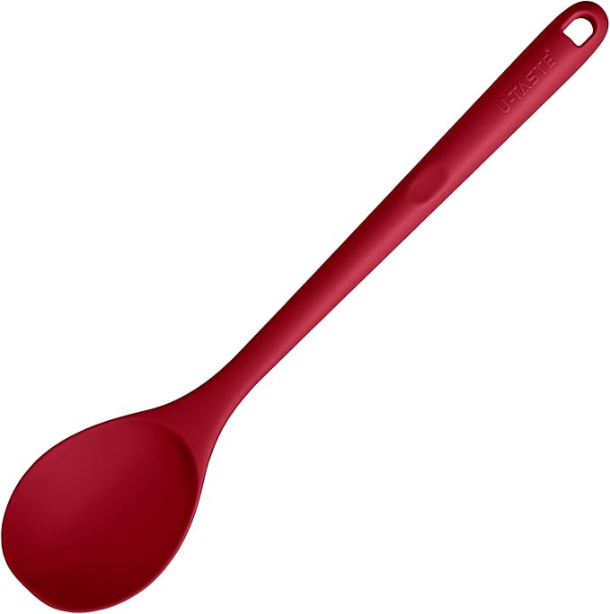 600ºF Heat Resistant Silicone Spoon: U-Taste 13.3in Solid Kitchen Cooking Spoon, Nonstick Food Grade Large & Long Soup Rubber Utensil for Mixing, Serving, Stirring, Basting, for Pot Cookware (Red)