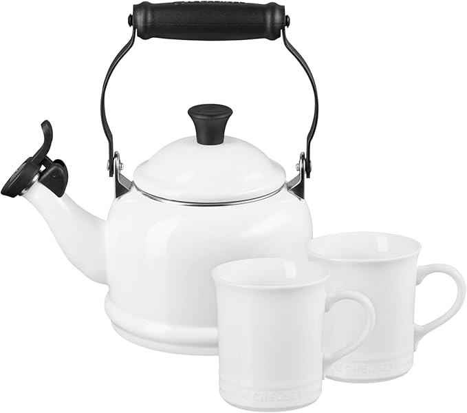 Le Creuset Enamel On Steel Demi Kettle & Stoneware Set of 2 Mugs, 1.25 qt. Kettle & (2) 14 oz. Mugs, White