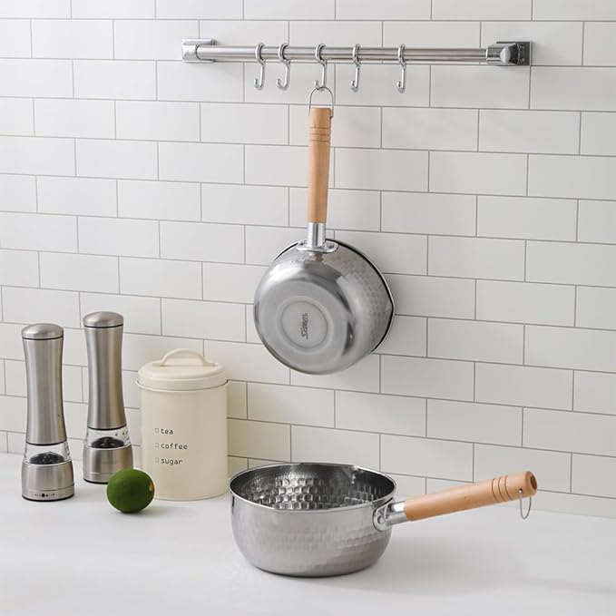 1.5 Quart Stainless Steel Pot With Glass Lid. Traditional Japanese Saucepan Wth Wood Handle, Multipurpose Sauce Pan With Two Side Pour Spouts & Measurement Line, Great for Ramen, Milk etc.