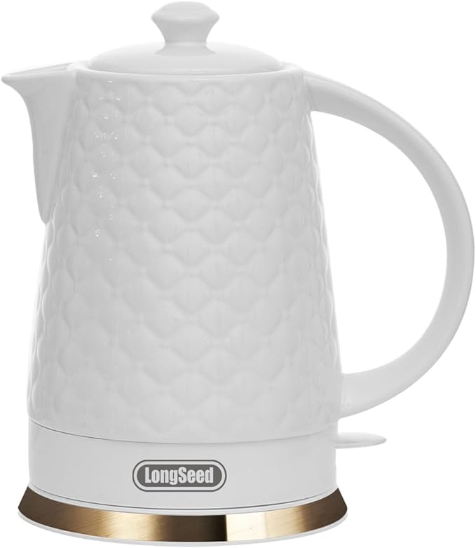 Ceramic Electric Kettle, 1.5L/1200W Boil Water Quickly and Easily with Boil-Dry Protection Auto Shut Off, Detachable Swivel Base, White Relief Carving
