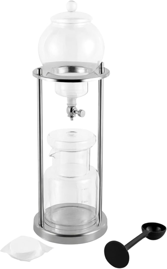 Nispira Luxury Ice Cold Brew Dripper Coffee Maker in Stainless Steel and Borosilicate Glass, 600 ml Silver
