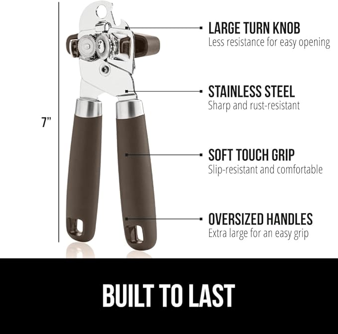 GORILLA GRIP Heavy Duty Stainless Steel Smooth Edge Manual Can Opener and Bottle Openers, Soft Comfortable Handle, Oversized Handheld Turn Knob, US Designed Multifunctional Kitchen Tool, Coffee