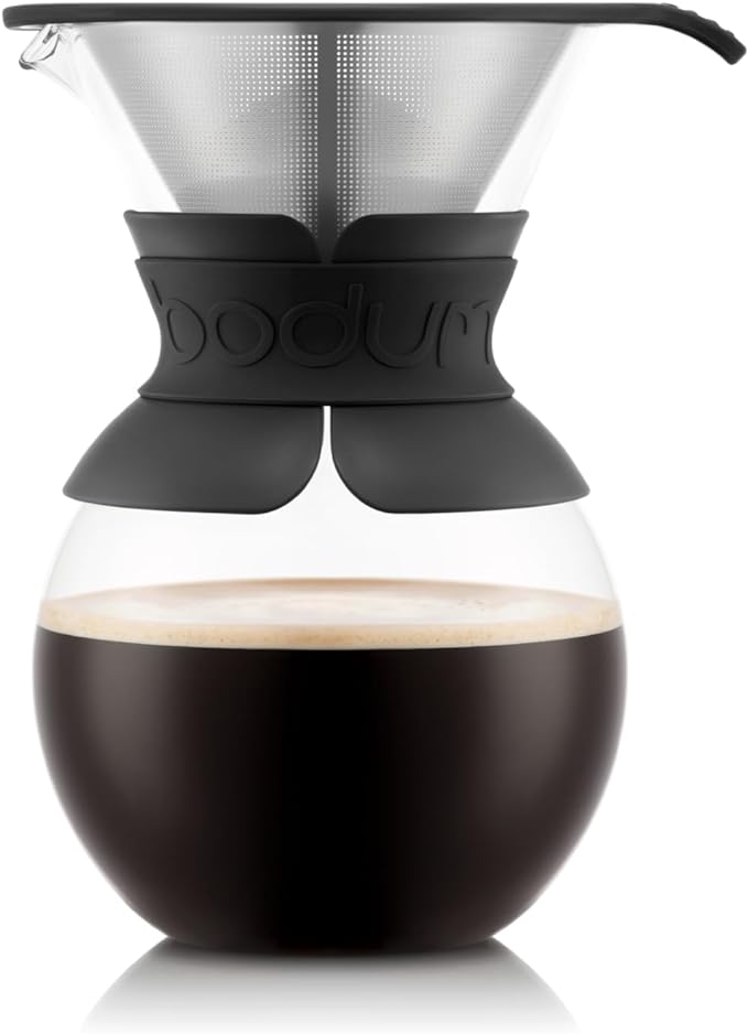 Bodum 34oz Pour Over Coffee Maker, High-Heat Borosilicate Glass with Reusable Stainless Steel Filter and Black Band Grip - Made in Portugal