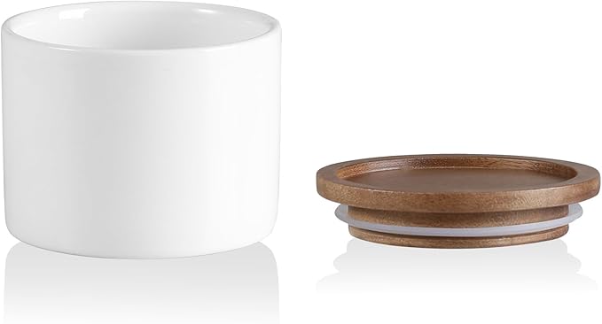 Sweejar Kitchen Canisters Ceramic Food Storage Jar, Stackable Containers with Airtight Seal Wooden Lid for Serving Ground Coffee, Tea, Sugar, Spice and More - 5 Fl Oz(White Acacia)