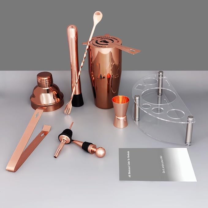 Cocktail Shaker Set with Stand, Cocktail Shaker Bartender Kit: Bar Tool Set, Drink Mixing Includes Martini Shaker,Strainer,Jigger,Bar Mixer Spoon,Muddler, Pourer, Bottle Stopper (Rose Gold)