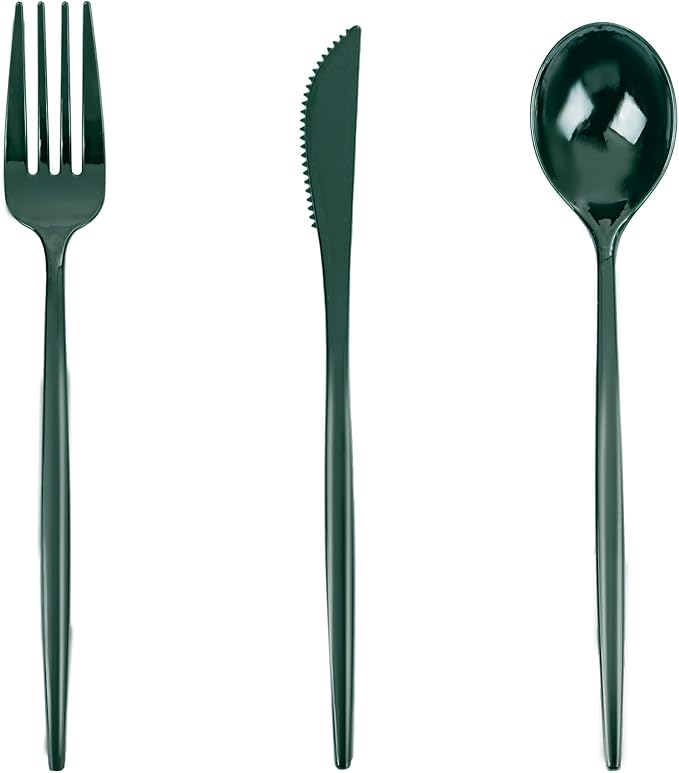 PULOTE 150PCS Green Plastic Silverware - Plastic Cutlery Set Disposable - Green Plastic Utensils Include 50 Forks, 50 Spoons, 50 Knives for Party&Christmas