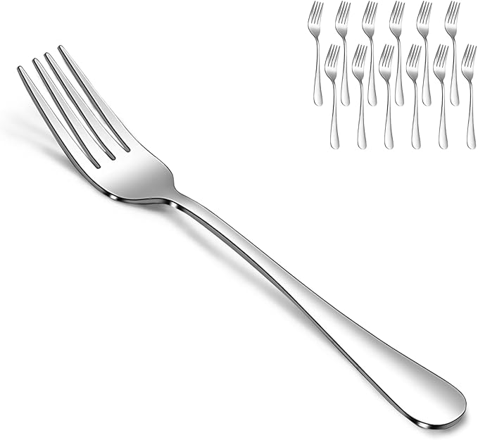 SANTUO Salad Forks Set - 12 Piece Stainless Steel Silverware Forks with Long Handle Use for Home, Restaurant or Camping - Silver 7.3 Inches