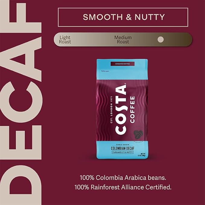 Costa Coffee Ground Coffee, Colombian Decaf Medium Roast, 12oz each, Rainforest Alliance Certified
