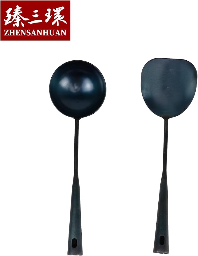ZhenSanHuan Chinese Traditional HandMade Iron Spatula & Ladle Wok Tool Set,Long wok utensils (Ladle and Spatula Set, 32CM/12.6'')