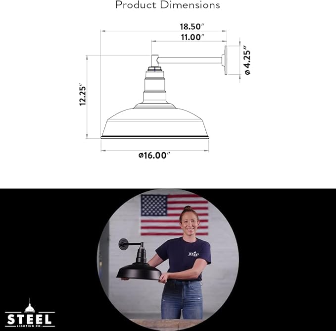 Steel Lighting Co. Gardena Barn Light | Outdoor Wall Mounted | 16" Dome | 11" Straight Arm | Farmhouse Light Made in America | Dark Bronze Exterior/Dark Bronze Interior