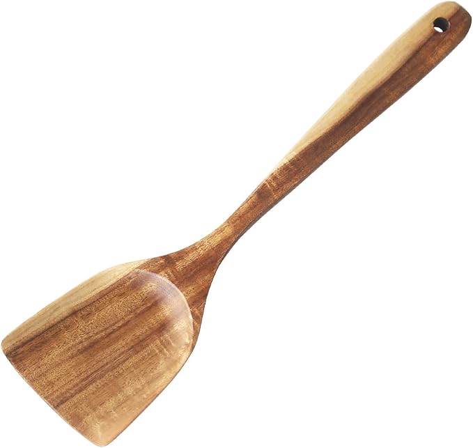 FJNATINH Large Wooden Wok Spatula, 13 Inch Natural Teak Long Handle Turner Coated Natural Resin, Handmade for Non-stick Cookware