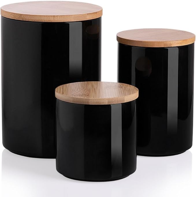 Sweejar Ceramic canisters for kitchen counter,Stackable Food Containers Set with Airtight Seal Bamboo Lid for Serving Ground Coffee, Tea, Spice, Flour and Sugar-Set of 3 (Black)