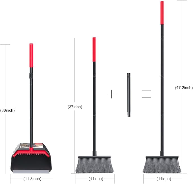 Broom with Dustpan Combo Set, Dust Pans with Long Handle, Brooms with Dustpan, Dust Pan Broom Kit for Home Kitchen & Yard Outside Sweeping(Gray&Red)
