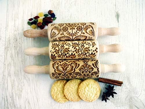 FLOWERS 3 Kid Rolling Pin Set with Damask, Folk and Floral Wreath Patterns. Wooden Laser Cut Mini Rolling Pins for Cookies, Play Dough, Salt Dough or Clay by Algis Crafts