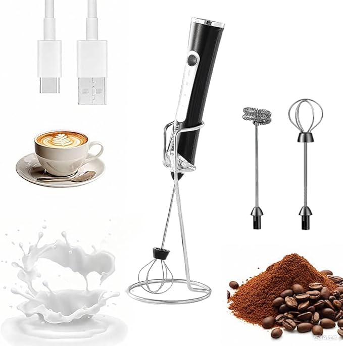 Rechargable Milk Frother, Handheld Drink Mixer with Whisk Attachment, 2025 upgraded, powerfull 3 speed motor, Type C charging with charge light, with extra egg mix head (Black with Stand)