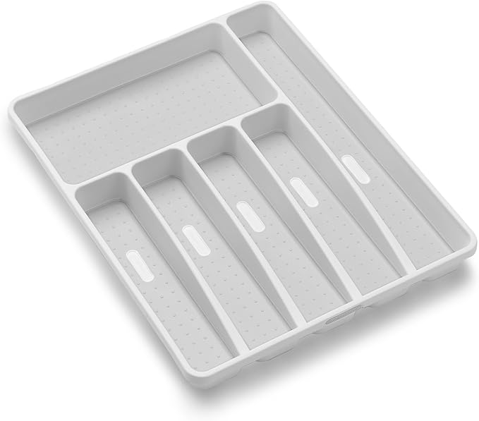 madesmart Classic Large Silverware Tray - White |CLASSIC COLLECTION | 6-Compartments| Kitchen Drawer Organizer | Soft-Grip Lining and Non-Slip Rubber Feet | BPA-Free (Pack of 6)