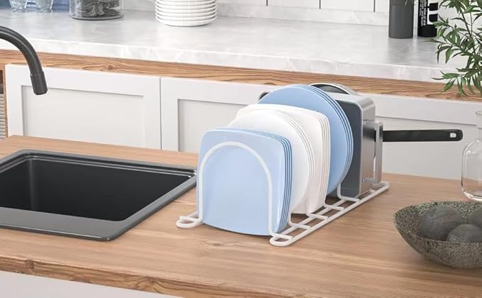 JAQ Pot Lids Holder, 10.5" Kitchenware Dividers Organizer for Plates, Pans, Cutting Boards, Muffin Tins, Baking Sheets in Cabinets Shelf Countertop Pantry (2-Pack, White)