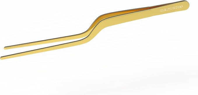 CREATIVECHEF 8 Inch Curved Stainless Steel Precision Kitchen Cooking Multi-function Tweezers Culinary Offset Tweezer Tongs (Curved, Gold）