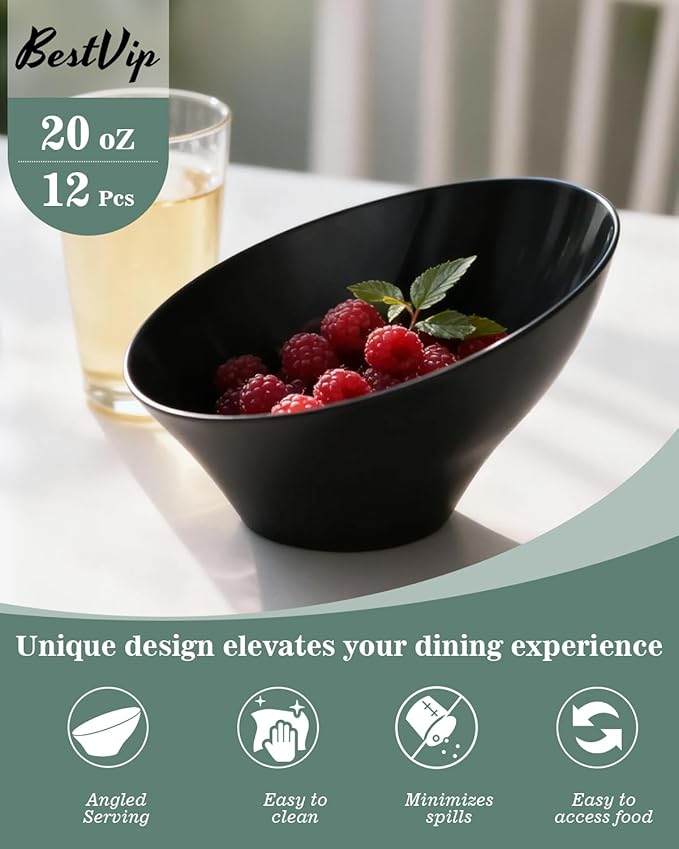 BESTVIP 20oz Black Plastic Serving Bowls for Party - 12 Pack Angled Disposable Serving Bowls, Party Bowls for Chips, Snacks, Fruit, Salad - Catering Bowls for Daily Use, Parties, Christmas