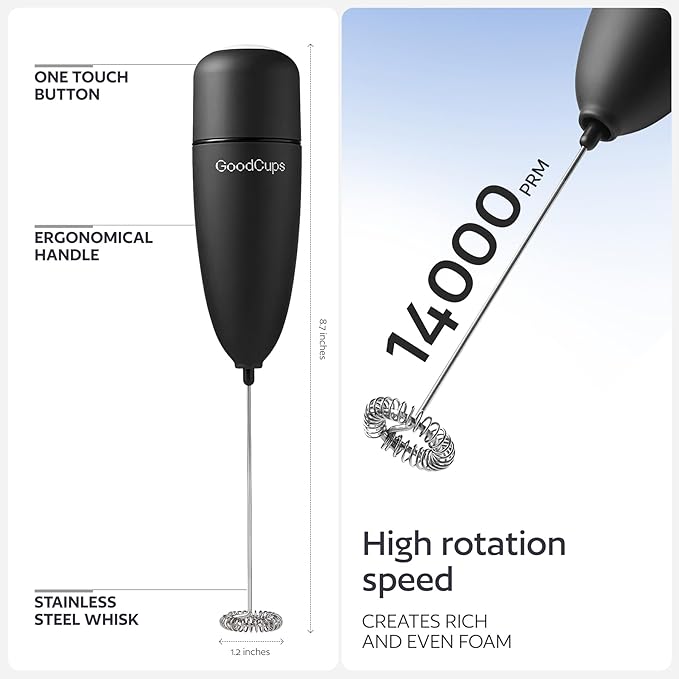Milk Frother Handheld – Electric Foam Maker Wand with Stainless Steel Whisk – Battery Powered Mini Mixer for Coffee, Matcha, Lattes & Cappuccinos, Black