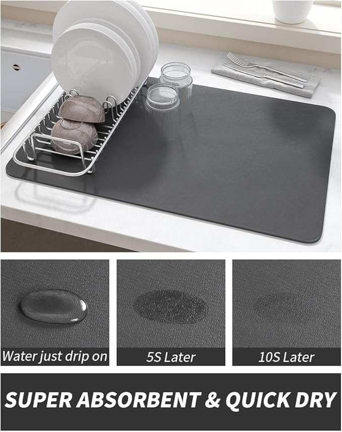AMOAMI Coffee Mat - Hide Stain Rubber Backed Absorbent Dish Drying Mat for Kitchen Counter - Fits Under Coffee Maker or Machine