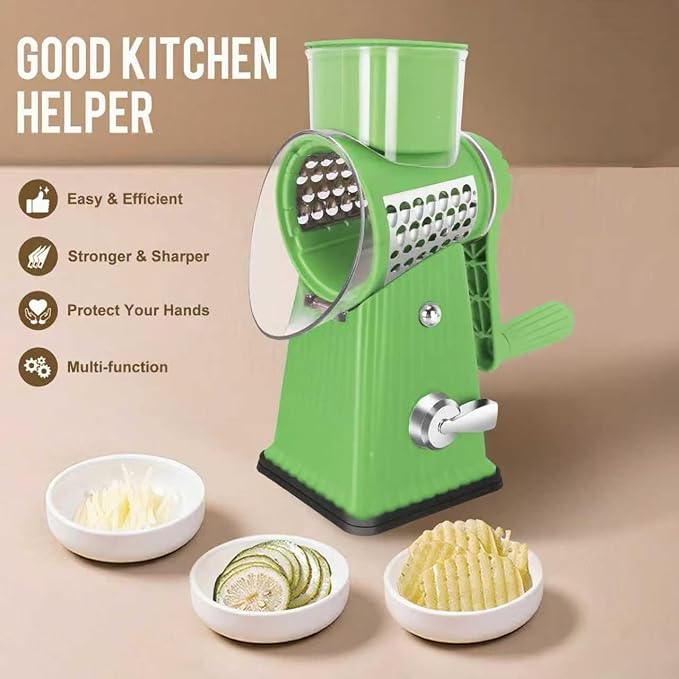 Rotary Cheese Grater with 5 Well-designed Blades & Strong Suction Base, Kitchen Mandoline Vegetable Slicer with Blade Storage Box (GREEN)