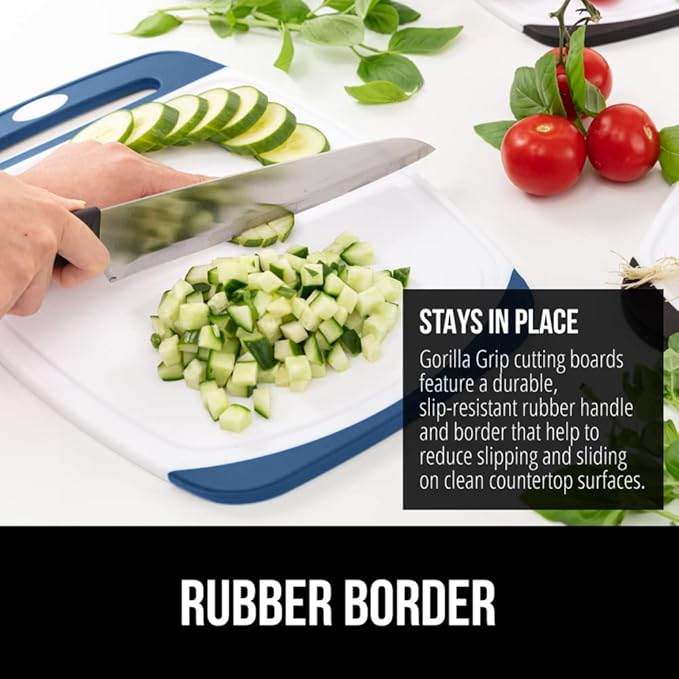 GORILLA GRIP BPA-Free Reversible Kitchen Cutting Board Set of 3, US Designed, Nonporous, Juice Grooves Catch Liquid, Slip Resistant Border, Dishwasher Safe Large Food Chopping Boards, Red Blue Green