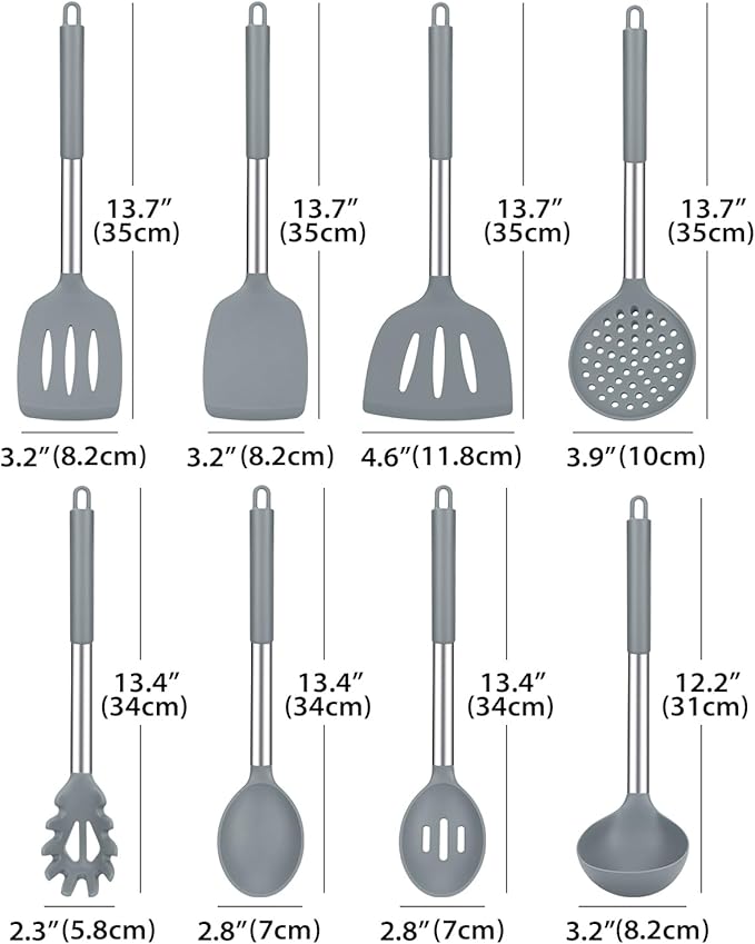 Silicone Cooking Utensil Set, 8Pcs Non-stick Cookware with Stainless Steel Handle, BPA Free Heat Resistant Kitchen Tools with Spatulas, Turnesr, Spoons, Skimer and Pasta Fork (GRAY)