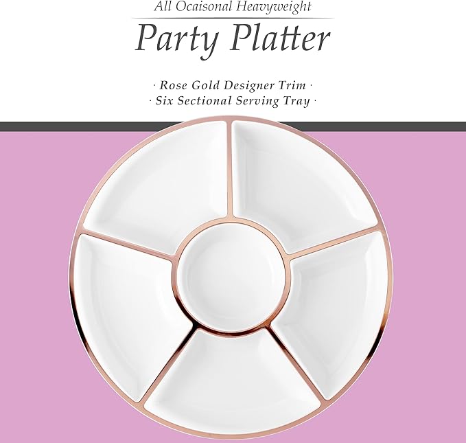 Plasticpro 6 Sectional Round Plastic Serving Tray/Platter (8, White & Rose Gold)