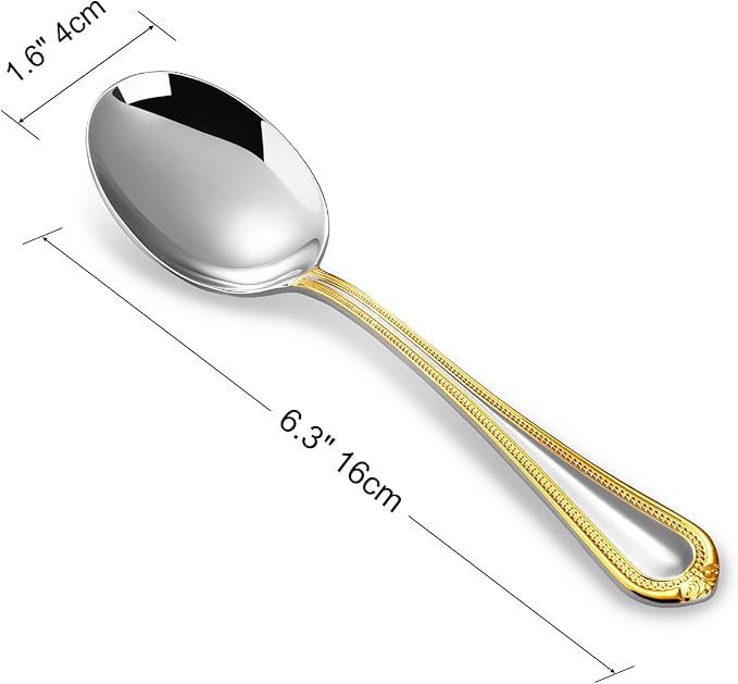 KEAWELL Pearl Edge 4-Piece Premium Spoon Set, 18/10 Stainless Steel, Fine Silverware Spoons with Refined Bead Design, Brightly Polished, Dishwasher Safe (Gold Accent, 6.3" Condiment Spoons)