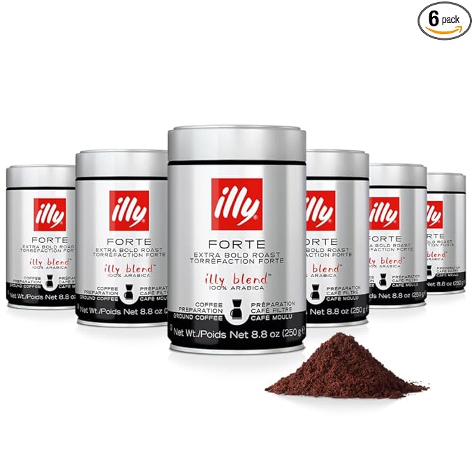 Illy Ground Drip Coffee - Forte Extra Bold Roast Coffee - Rich & Strong Flavor - 100% Arabica - Pre-Ground for Drip Pour Over - Pressurized Packaging Sealed for Freshness - 8.8oz (Pack of 6)