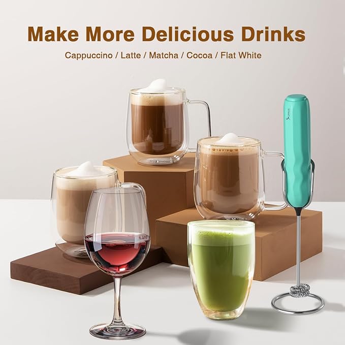 SUPRUS Ultra Fast Handheld Milk Frother Double Whisk with Stand 2 Batteries Stainless Steel for Lattes Cappuccino Matcha Hot Chocolate Coffee Bar Accessories Kitchen Gadgets Gift