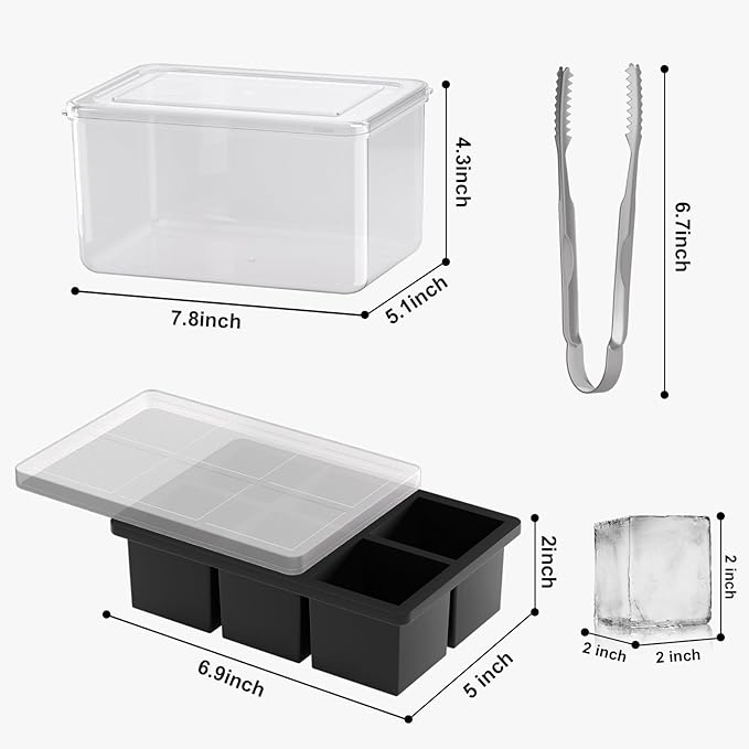 Samuelworld Large Ice Cube Tray with Lid and Bin: 2 Inch Silicone Old Fashioned Ice Cube Mold with Lid and Bin, Big Square Ice Cube Maker for Whiskey-3 Color (With Ice Tong)