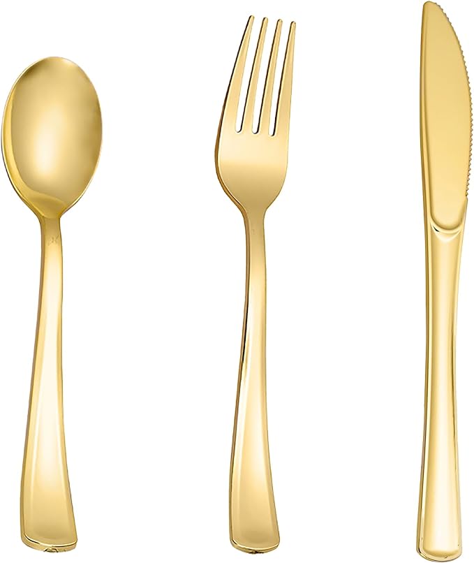 N9R 200PCS Gold Plastic Silverware Set, Heavy Duty Spoons and Forks Silver Plastic Cutlery Including 100pcs Forks, 50pcs Spoons, 50pcs Knives, Disposable Silverware for Party,Wedding, and Everyday Use
