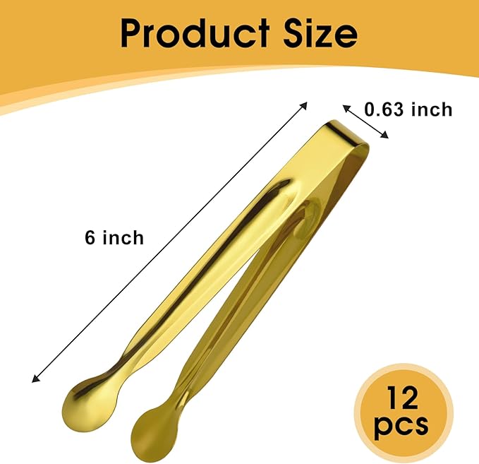 Small Serving Tongs,Ice Tongs,Sugar Tongs,Kitchen Tiny Tongs for Appetizers,Golden,12 PCS(6.3 Inch)