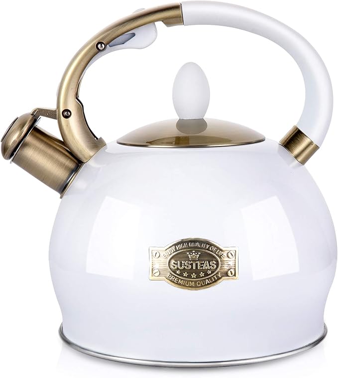 SUSTEAS Stove Top Whistling Tea Kettle - Food Grade Stainless Steel Teakettle Teapot with Cool Touch Ergonomic Handle, With 1 Silicone Pinch Mitt Included, 2.64 Quart(WHITE)