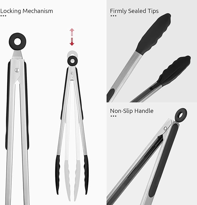 600ºF Heat Resistant Kitchen Tongs: U-Taste 12 inch Large Silicone Cooking Tong with Sturdy Non Stick Rubber Tips & Silicon Coated 18/8 Stainless Steel Handle & Smooth Locking for Serving Grill(Black)